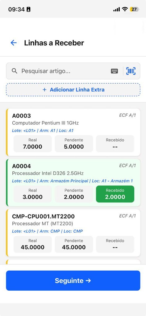 Ecrã de Receções de Fornecedores