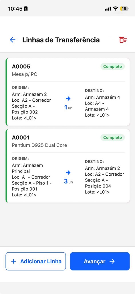 Ecrã de Transferências entre Armazéns